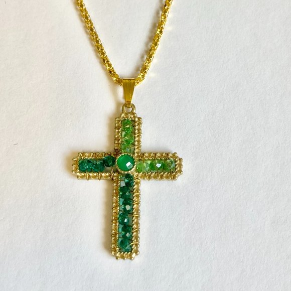 Vintage Gold Bead Cross Pendant Necklace Green Hand Beaded Plated 22" Christian - Picture 9 of 11